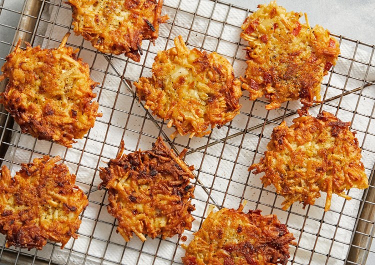 This recipe for Hash Brown Latkes with Caramelized Onion makes 12 to 16 pancakes.