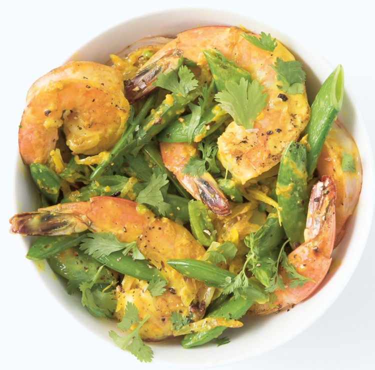 This recipe for Prawn and Sugar Snap Peas serves two people.
