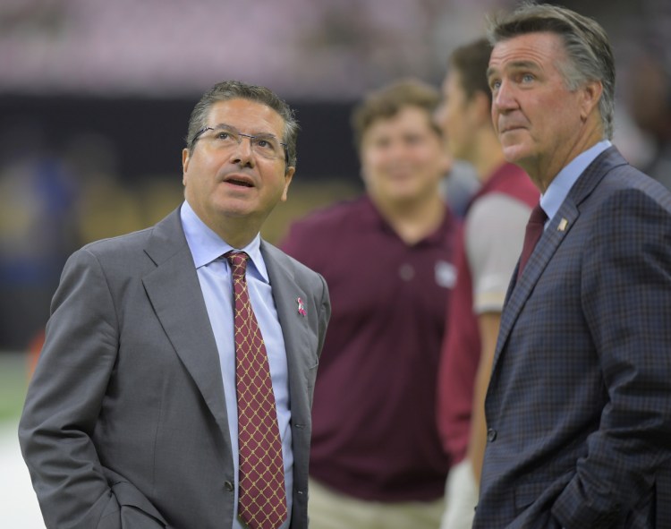 Redskins owner Dan Snyder, left, and president Bruce Allen before a game at New Orleans in October. MUST CREDIT: Washington Post photo by John McDonnell
