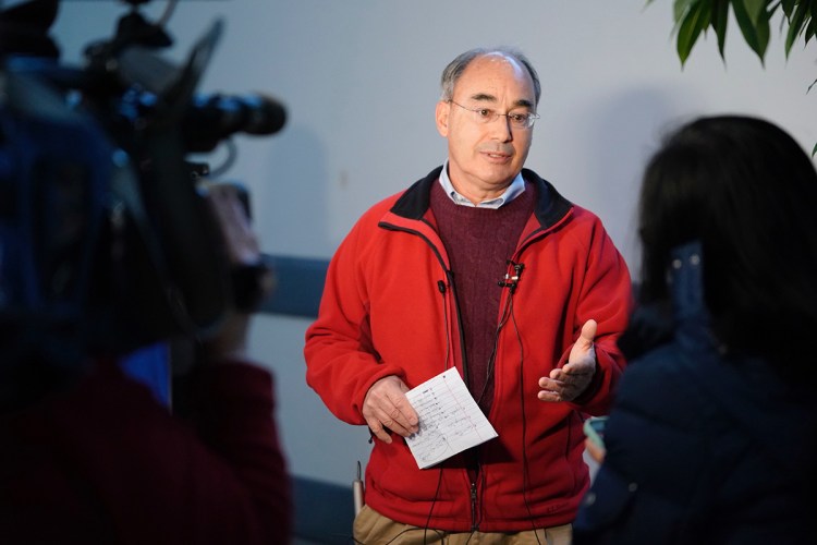 Rep. Bruce Poliquin answers a reporter’s question during a press conference at the Portland International Jetport on Tuesday, Nov. 27, 2018.