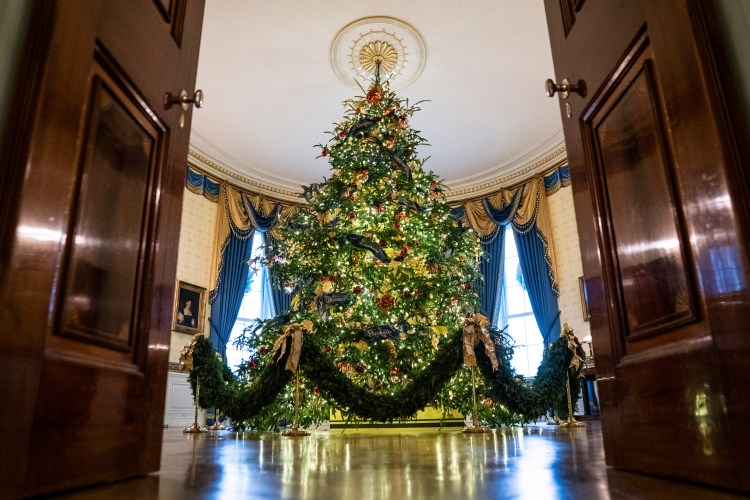 The official White House Christmas tree in the Blue Room stands 18 feet tall on Nov. 26, 2018 in Washington, D.C. 