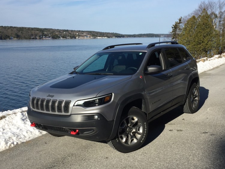 Front-drive Jeep Cherokee models start at $23,995;  with Trailhawk trim, $33,320.  (Photo, on Sargeant Drive on Mount Desert Island, by Tim Plouff.)