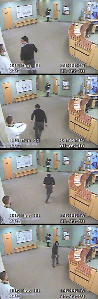 These still shots from a footage from a video surveillance system at Riverview Psychiatric Center show the sequence in which Ahmad Khansari Nejad was shoved in the back Jan. 5 by "Patient W" on the hospital's Lower Saco forensic unit. Several clips from the video were played in court.
