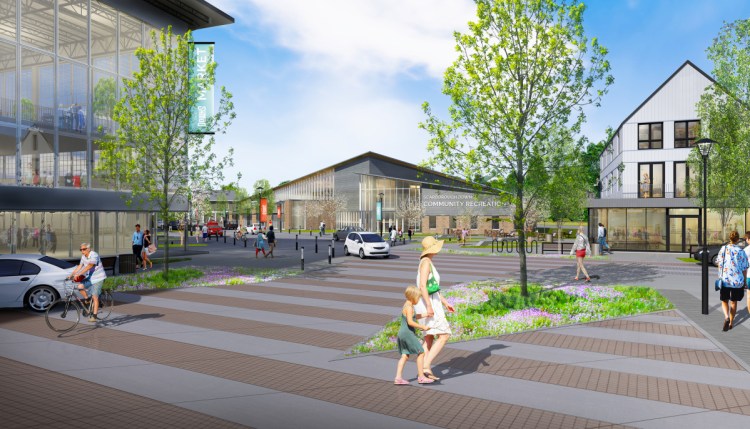 What Main Street might look like if a village center is built at Scarborough Downs, with a renovated and repurposed grandstand to the left and a possible community center in the center background. 
