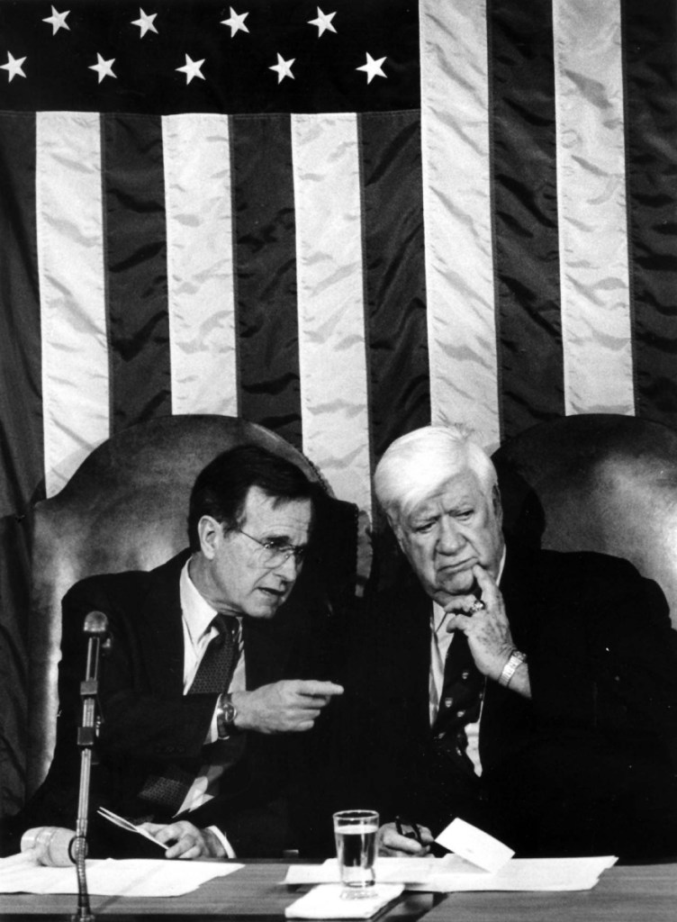 Vice President George H.W. Bush and House Speaker Thomas "Tip" O'Neill during a Joint Session of Congress on March 20, 1985 in Washington, D.C.