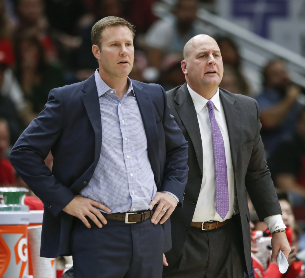 The Chicago Bulls fired head coach Fred Hoiberg, left, on Monday, and replaced him with Jim Boylen, right, who averaged 21 points as a senior at the University of Maine in 1986-87.