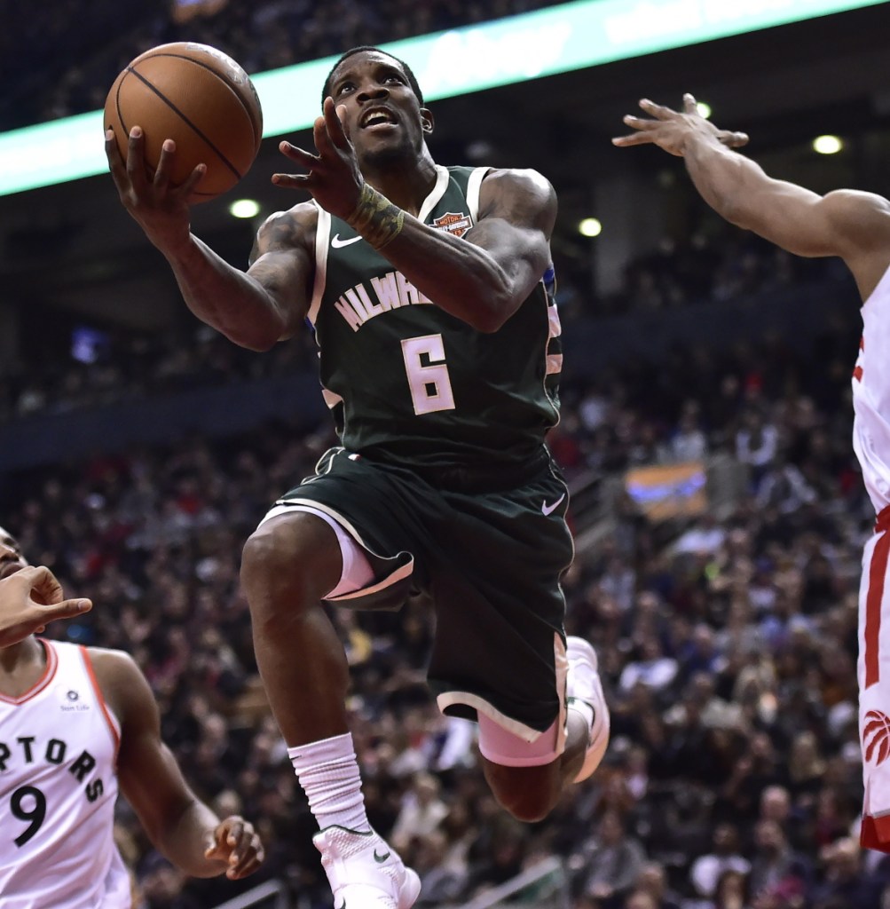 Milwaukee Bucks guard Eric Bledsoe drives to the net during the first half of the Bucks' 104-99 road win over the Toronto Raptors on Sunday.