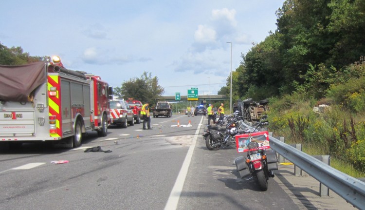State police investigate the crash that killed motorcyclists Jamie Gross, 58, of Belmont and Aaron White-Sevigny, 25, of Windsor on Interstate 95 in Augusta in 2017. The two were riding in the annual United Bikers Toy Run from Augusta to Windsor Fairgrounds.