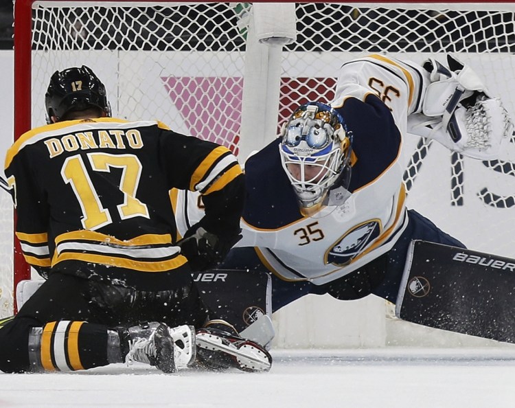Buffalo's Linus Ullmark stops a penalty shot by Boston's Ryan Donato during the Sabres' 4-2 win Sunday in Boston.