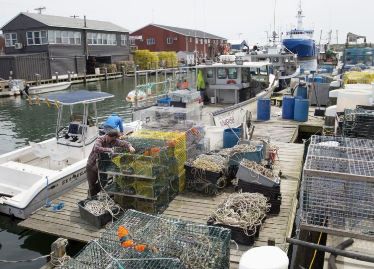 Lobster traps and fishing gear take up most of the dock space at Fish Pier in Portland.