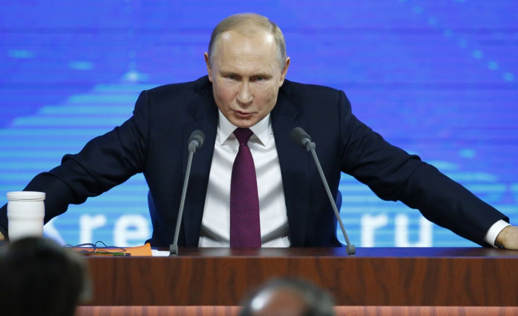 Russian President Vladimir Putin speaks during his annual news conference in Moscow on Thursday.
