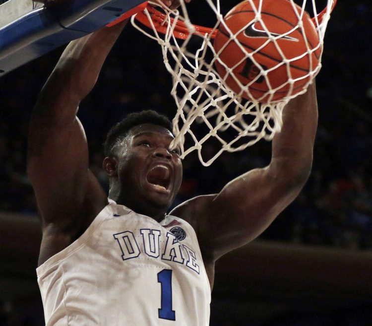 Zion Williamson, who finished with 17 points and 13 rebounds Thursday night for Duke, dunks during a 69-58 victory against Texas Tech in New York.