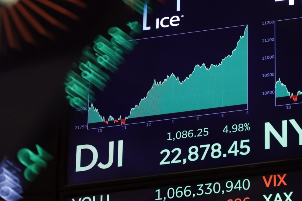 A board above the floor of the New York Stock Exchange shows the closing number for the Dow Jones industrial average Wednesday. The Dow closed up a record 1,086 points in the best day for Wall Street in 10 years.