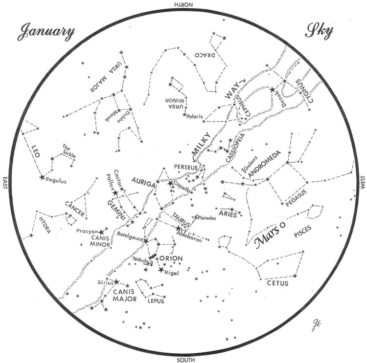 SKY GUIDE: This chart represents the sky as it appears over Maine during January. The stars are shown as they appear at 9:30 p.m. early in the month, at 8:30 p.m. at midmonth and at 7:30 p.m. at month's end. Mars is shown in its midmonth position. To use the map, hold it vertically and turn it so the direction you are facing is at the bottom.
