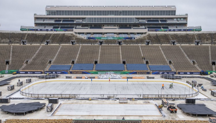 It takes a lot of work to convert a 78,000-seat football stadium into a hockey rink. Notre Dame Stadium in South Bend, Ind., is set to host the Bruins and Blackhawks on Tuesday in the NHL's Winter Classic.