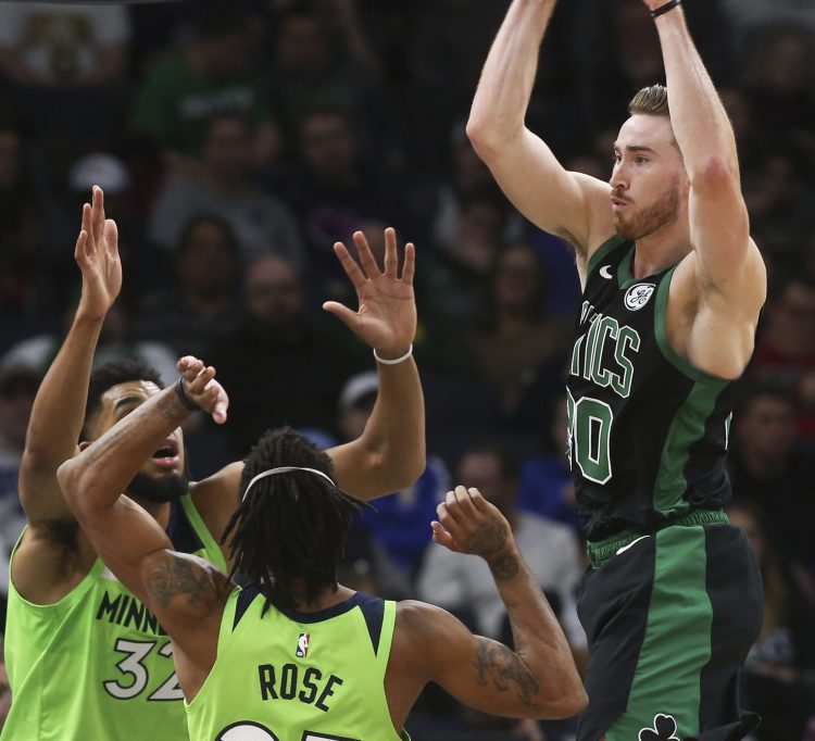 Gordon Hayward didn’t just find his shooting touch Saturday night for the Boston Celtics, but got to the foul line, rebounded and passed well in a 118-109 victory against the Minnesota Timberwolves.
