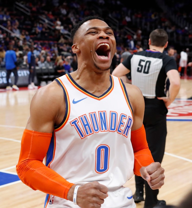 Oklahoma City guard Russell Westbrook helped the Thunder snap the Detroit Pistons' five-game winning streak on Monday in Detroit.