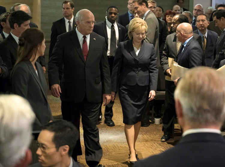 This image released by Annapurna Pictures shows Christian Bale as Dick Cheney, left, and Amy Adams as Lynne Cheney in a scene from "Vice." On Thursday, Dec. 6, 2018, the film was nominated for a Golden Globe award for best motion picture musical or comedy. The 76th Golden Globe Awards will be held on Sunday, Jan. 6. 