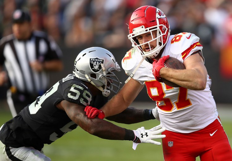 Kansas City’s Travis Kelce goes into the Chiefs season finale with 1,274 yards receiving, fourth most ever for a tight end. He needs 54 yards to break the record set by Rob Gronkowski in 2011.