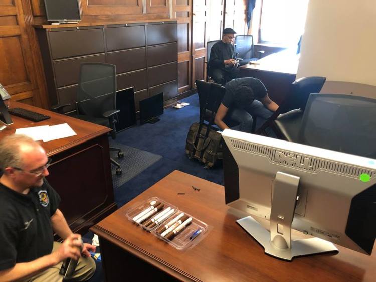 Workers preparing the lobby area for Maine Democrat Jared Golden's congressional office in the Longworth House Office Building on Capitol Hill in Washington. 