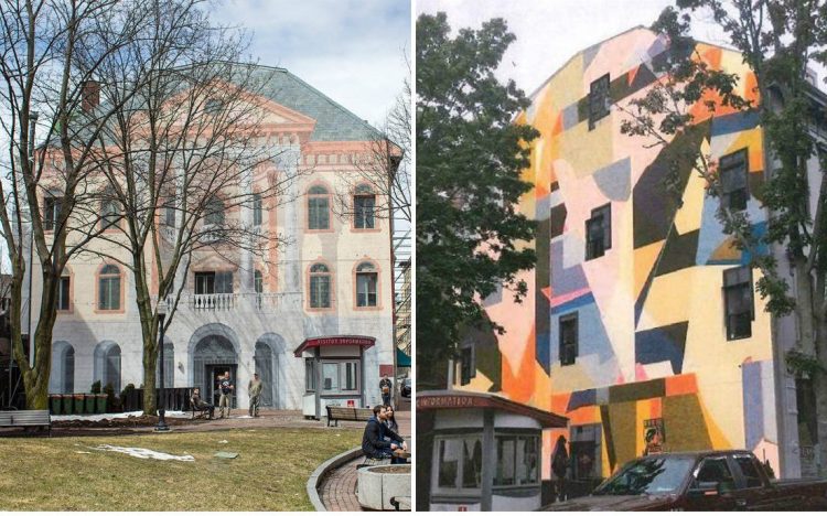 The image at right depicts the mural designed by Will Sears that will replace the trompe l'oeil mural at left, painted on the building at 80 Exchange St. by Scarborough artist Chris Denison in 1986.