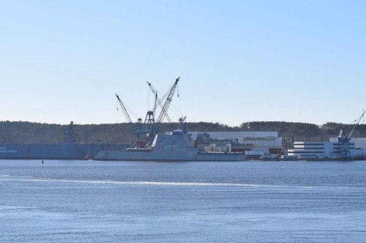 The future USS Lyndon B. Johnson was put into the water Sunday at Bath Iron Works.