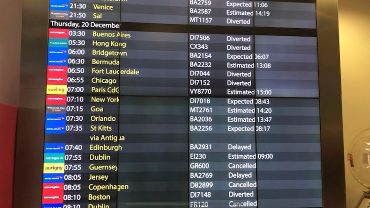 The arrivals board at Gatwick Airport on Dec. 20, showing canceled, diverted and delayed flights, as the airport remained closed after drones were spotted over the airfield beginning the night before. 