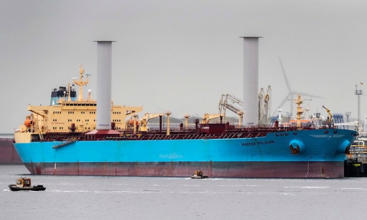 The Maersk Pelican tanker with rotor sail technology in Rotterdam, Netherlands,  the first such installation on a tanker.