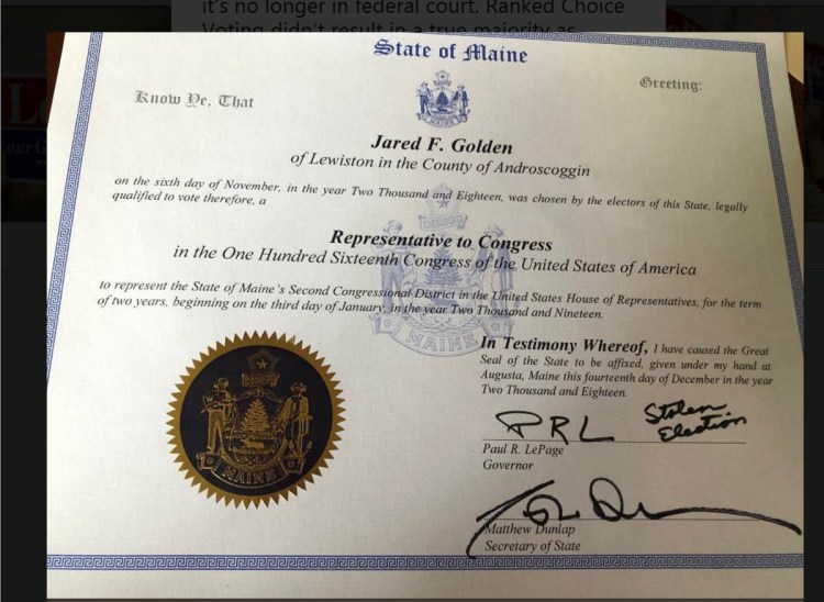 Outgoing Gov. Paul LePage initialed Jared Golden's certificate of election in the 2nd District, but also wrote "stolen election" on it, which a reader found "appalling."