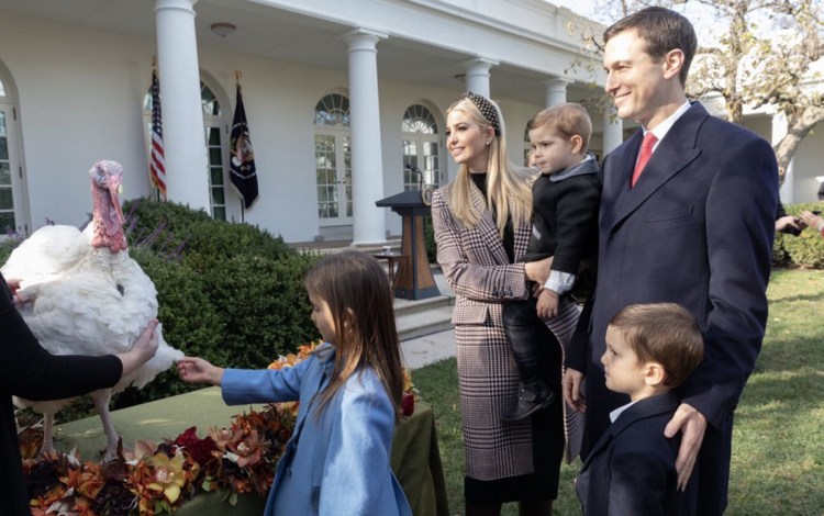 Above: Ivanka Trump tweeted from the annual White House turkey pardon: "Joseph and Arabella have sworn off turkey and are insisting on a vegetarian Thanksgiving!"