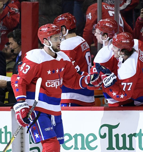 Washington right wing Tom Wilson celebrates his goal during the Capitals' 5-3 win over Philadelphia on Tuesday night.