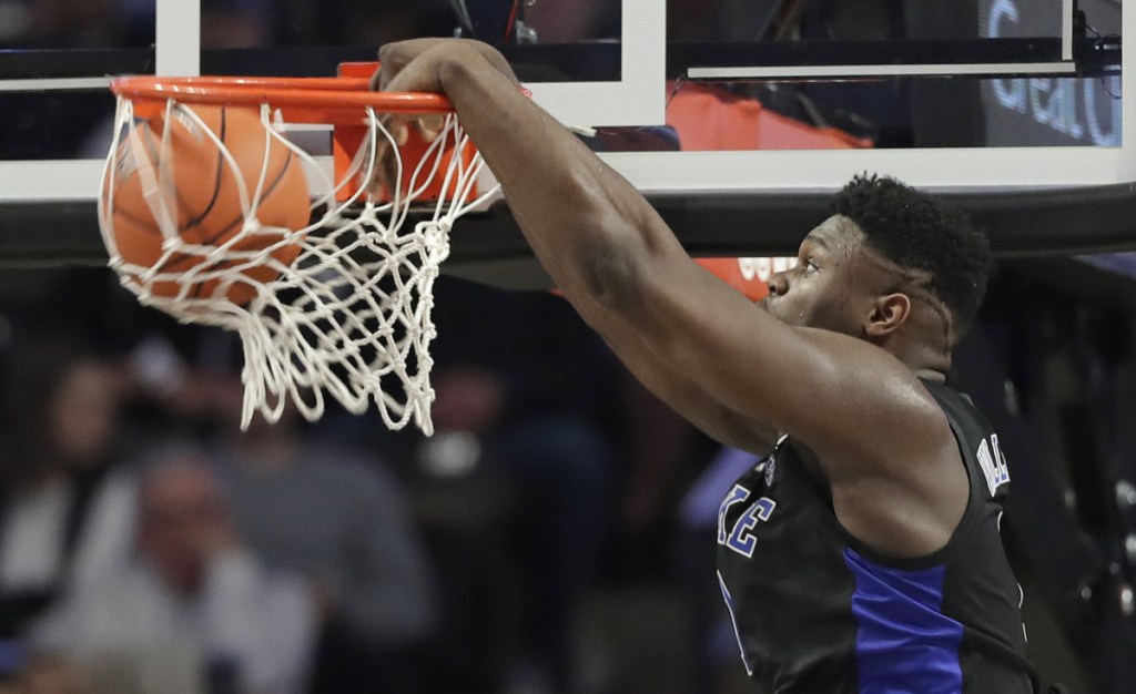 Duke's Zion Williamson dunks against Wake Forest during the first half of an 87-65 victory at Winston-Salem, N.C.