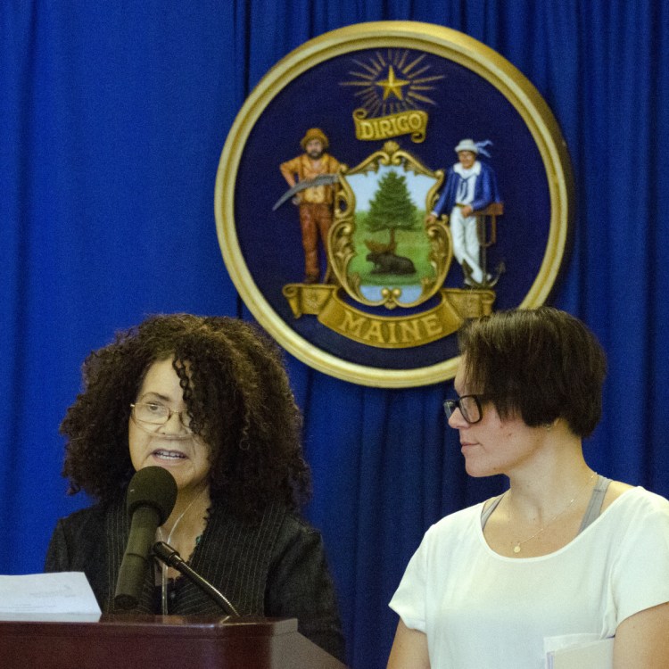 Dee Clark, left, and Dezara Niski of the Maine chapter of Survivors Speak were among those who discussed human trafficking at Thursday's news conference at the State House.