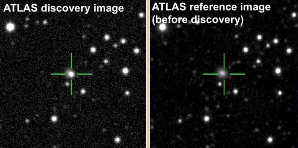 Images taken by the ATLAS telescopes before the explosion and after show the sudden brightening in the galaxy CGCG 137-068.