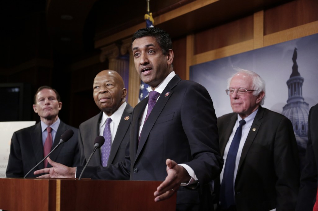 From left, Sen. Richard Blumenthal, D-Conn., Rep. Elijah Cummings, D-Md., Rep. Ro Khanna, D-Calif., and Sen. Bernie Sanders, I-Vt., speak to reporters as Sanders prepares to introduce new legislation that aims to reduce what Americans pay for prescription drugs, especially brand-name drugs deemed "excessively priced," during a news conference on Capitol Hill in Washington last Thursday.