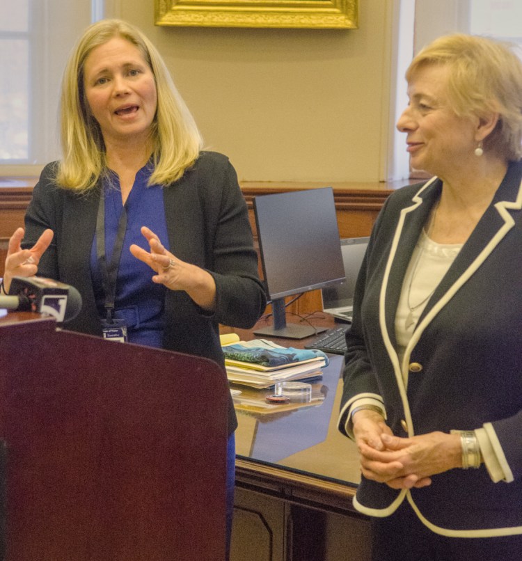Hannah Pingree, left, and Gov. Janet Mills speak during a news conference to announce Pingree's appointment as head of the Office of Innovation and the Future.