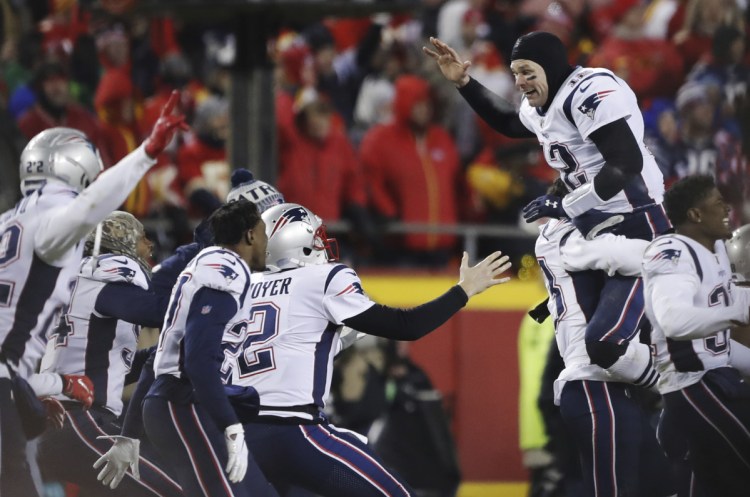 New England Patriots quarterback Tom Brady, shown jumping for joy with his teammates after the AFC Championship NFL game, in Kansas City, Mo., on Sunday, is scheduled to be at the Super Bowl sendoff rally at Gillette Stadium this weekend.
