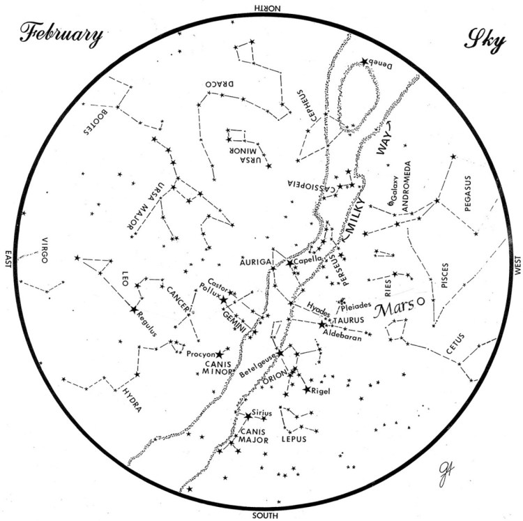 SKY GUIDE: This chart represents the sky as it appears over Maine during February. The stars are shown as they appear at 9:30 p.m. early in the month, at 8:30 p.m. at midmonth and at 7:30 p.m. at month's end. Mars is shown in its midmonth position. To use the map, hold it vertically and turn it so the direction you are facing is at the bottom.