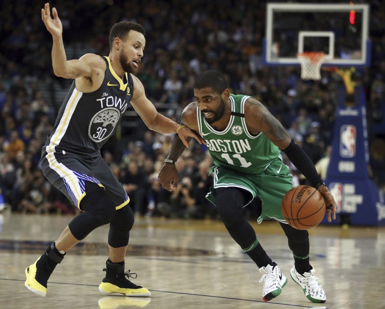 Kyrie Irving of the Boston Celtics, right, and Stephen Curry of the Golden State Warriors are two of the best guards in the NBA, and the games between the teams have been classics.