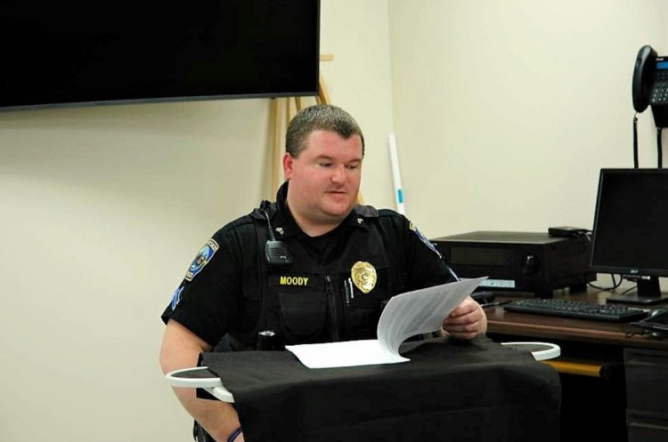 Cpl. Kyle Moody testifies in a mock trial at the Saco police station in April 2017. Students of the Citizen Police Academy also will go to the department's shooting range and participate in a fingerprinting exercise.