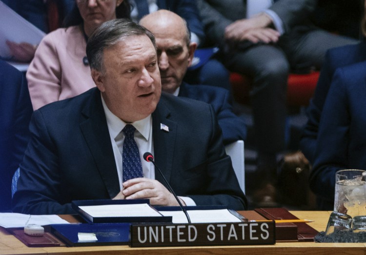 U.S. Secretary of State Mike Pompeo speaks at the United Nations Security Council at the U.N Headquarters on Saturday.  Pompeo encouraged the council to recognize Juan Guaido as the constitutional interim President of Venezuela.