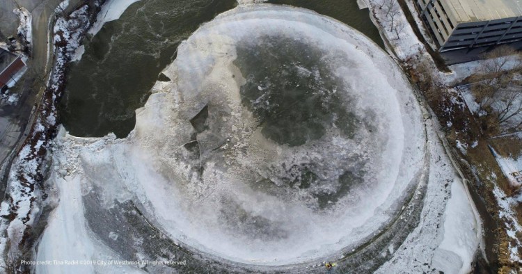 The ice disk is photographed via a drone on Friday, the day after a rainstorm.
