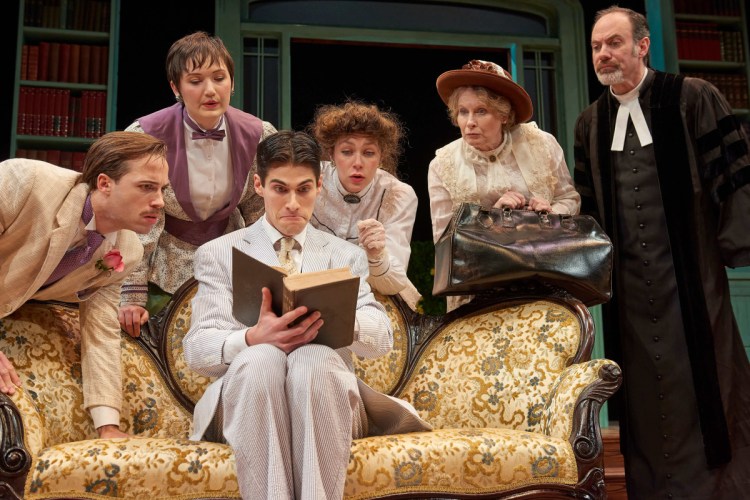 Ross Cowan as Algernon, Tonya Ingerson as Cecily, Max Samuels as Jack, Allie Freed as Gwendolyn, Susan Knight as Miss Prism and Christopher Holt as Reverend Chasuble.
