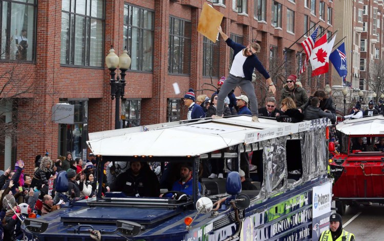 Patriots receiver Julian Edelman had fun on top of a duck boat in 2015, a scene that New England fans have grown quite familiar with.