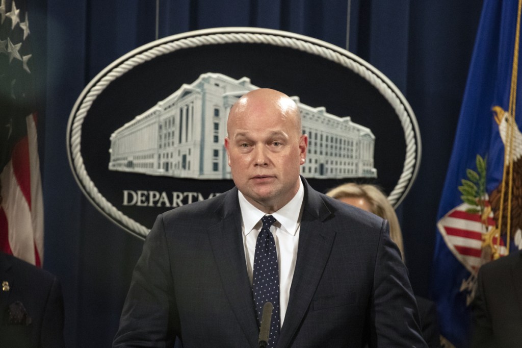 Matthew Whitaker, acting U.S. attorney general, speaks at a press conference announcing an indictment against Huawei Technologies at the Department of Justice in Washington, D.C., on Monday.  MUST CREDIT: Bloomberg photo by Alex Wroblewski