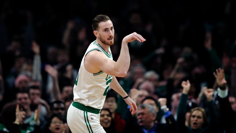 Boston Celtics forward Gordon Hayward (20) gestures after hitting a 3-point basket during the first quarter of the Celtics' 116-95 win over Brooklyn on Monday. 