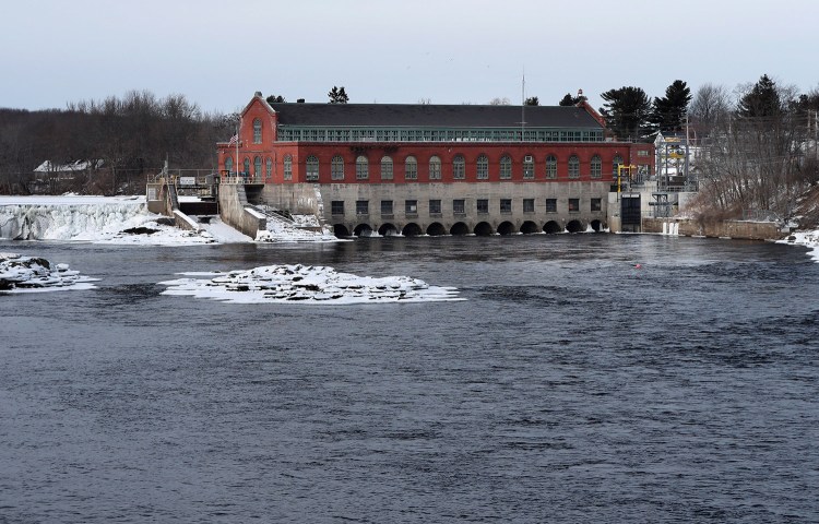 The Brookfield Renewable hydroelectric facility at the Milford Dam on the Penobscot River, photographed Jan. 19. A plan to test a new technology to help endangered Atlantic salmon has been abandoned, at least for now. Brookfield spokesman Andy Davis said the project's architects discovered a "significant risk" to species other than salmon, such as river herring.