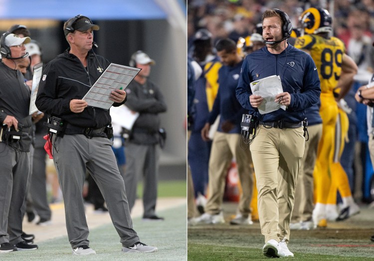 New Orleans Saints head coach Sean Payton, left, and Los Angeles Rams Coach Sean McVay are both Jon Gruden disciples. They will face off in the NFC title game on Sunday.