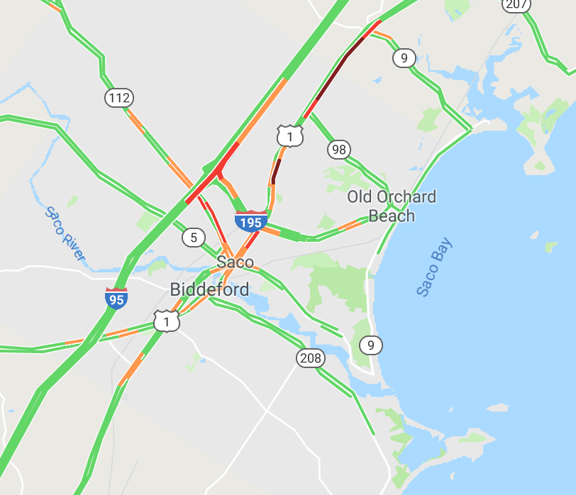 Google Maps showed heavy traffic on the northbound lanes of the Turnpike and Route 1 in Saco on Friday morning at 8 a.m. after a crash briefly closed one lane on the Turnpike.