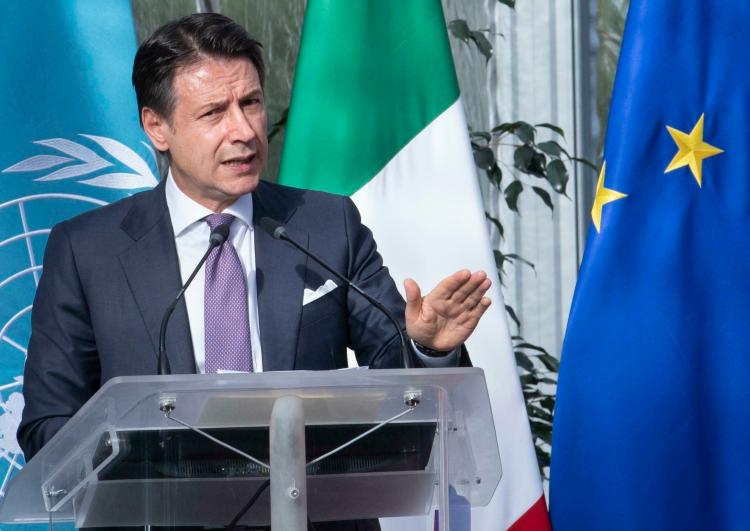 Italian Premier Giuseppe Conte delivering a speech in Rome on Monday.